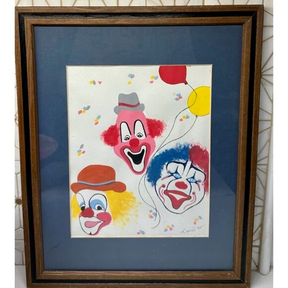 Vintage Original Framed Clown Painting‎Signed by Laura (1984)